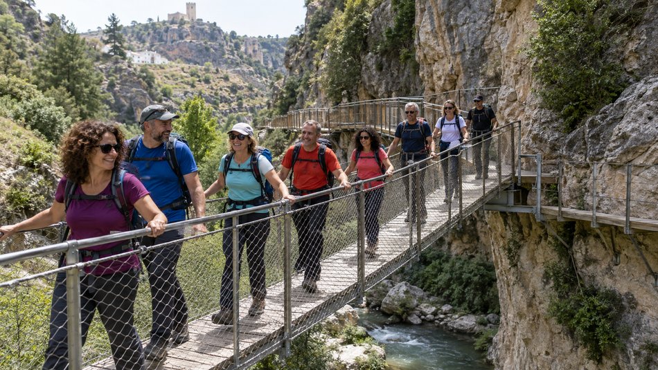 Grupo recorriendo los puentes colgantes y la Cascada del Gollizno