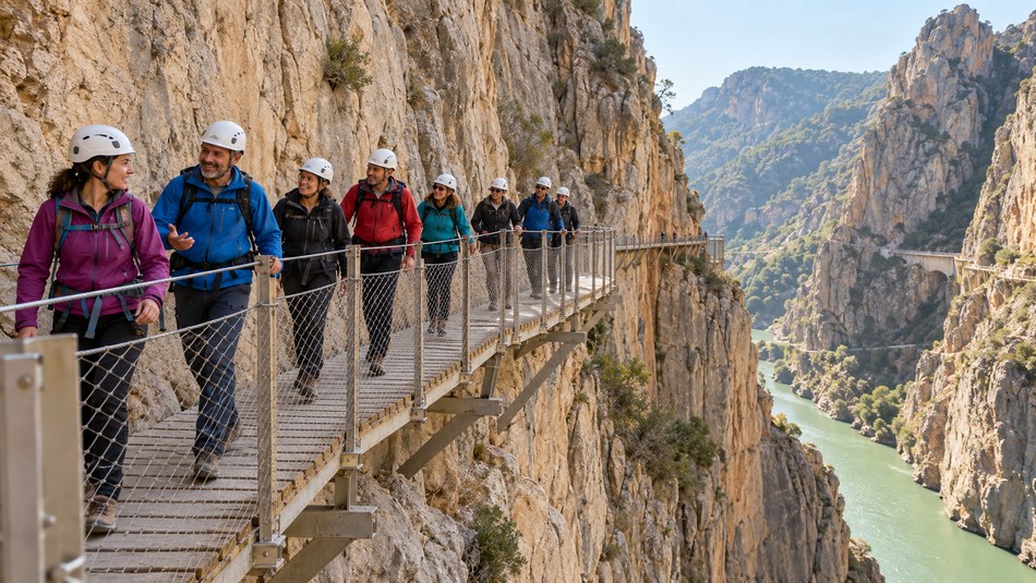 Grupo recorriendo las pasarelas del Caminito del Rey