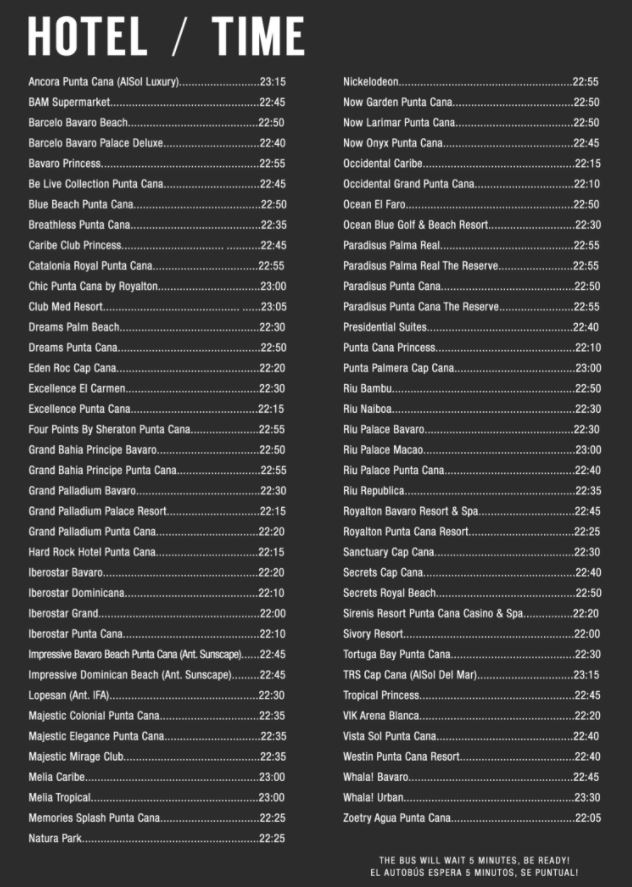 Horarios recogidas Autobuses Discoteca Imagine Punta Cana 