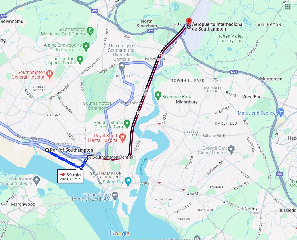 Distancia Aeropuerto internacional de Southampton al puerto de Crucero de Southampton