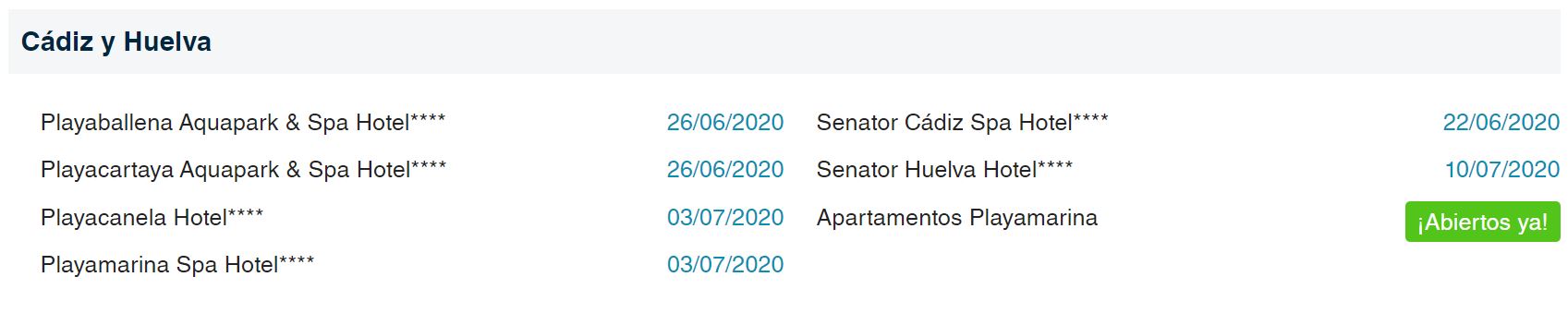 Fechas reapertura Hoteles Playa Senator Cadiz y Huelva B2Bviajes