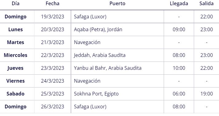 Itinerario y horarios escalas Crucero Mar Rojo MSC SPLENDIDA 19 Marzo 2023