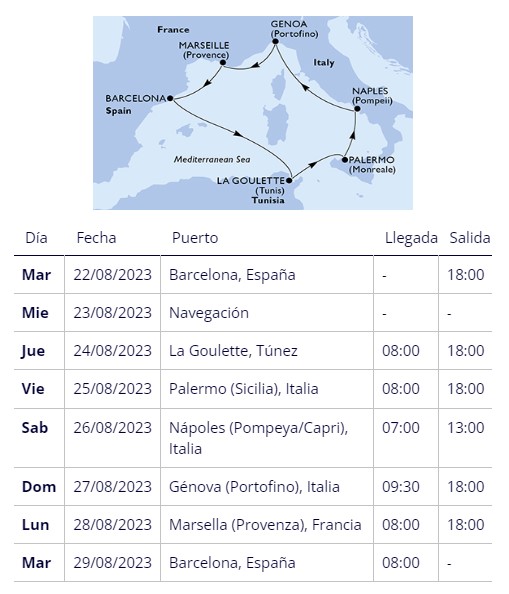 Itinerario crucero Mediterraneo desde Barcelona en MSC GRANDIOSA oferta 22 Agosto 2023