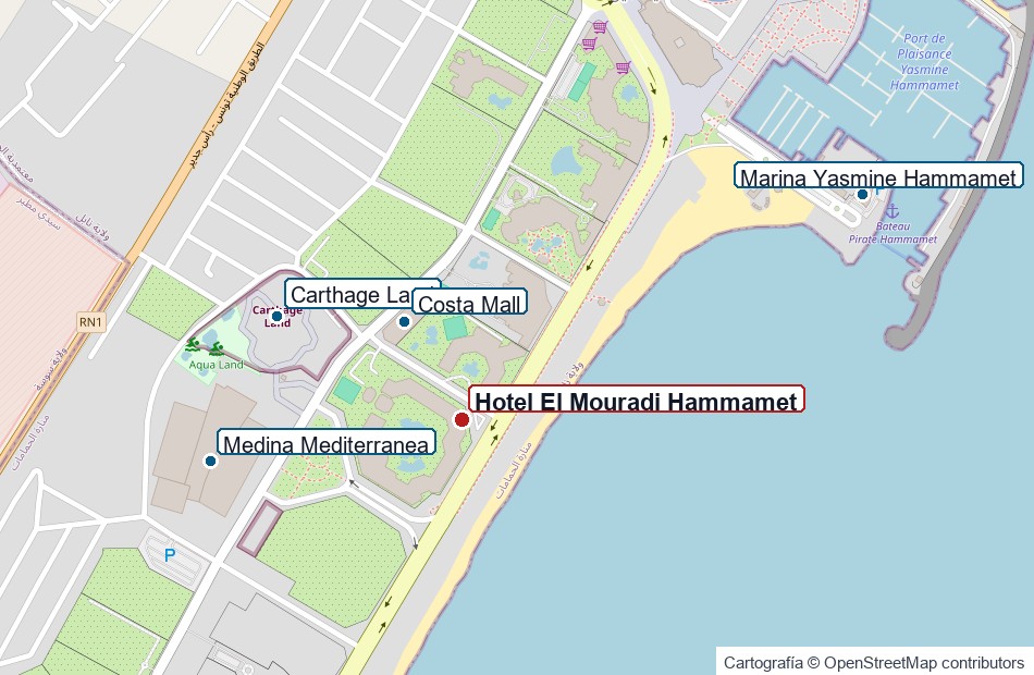 Mapa de ubicación del Hotel El Mouradi Hammamet junto a Carthage Land, la Medina Mediterránea y la marina de Yasmine Hammamet