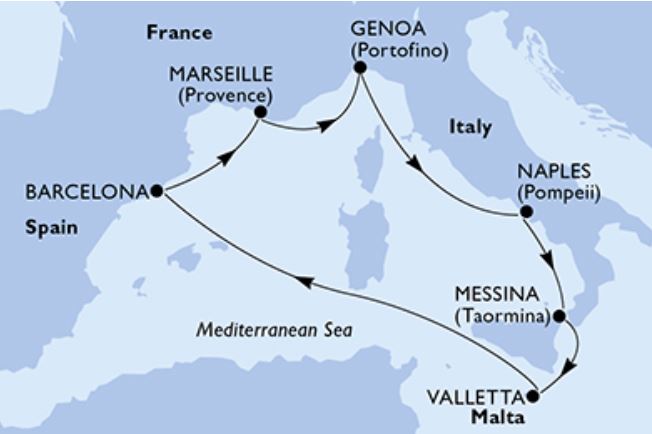 Mapa Itinerario Cruceo Mediterraneo MSC WORLD EUROPA 2023