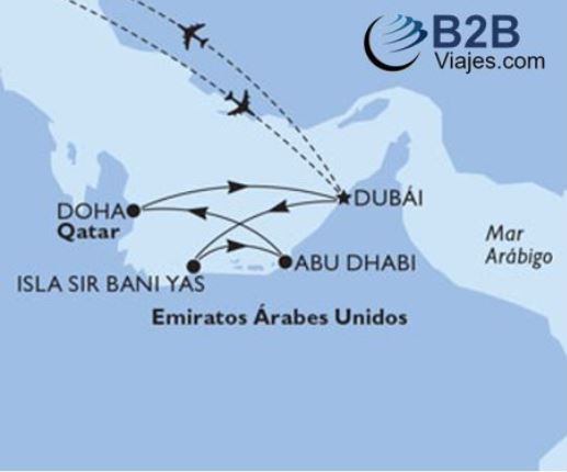 Mapa Itinerario Crucero MSC Bellisima Dubai Qatar y emiratos arabes con vuelos incluidos