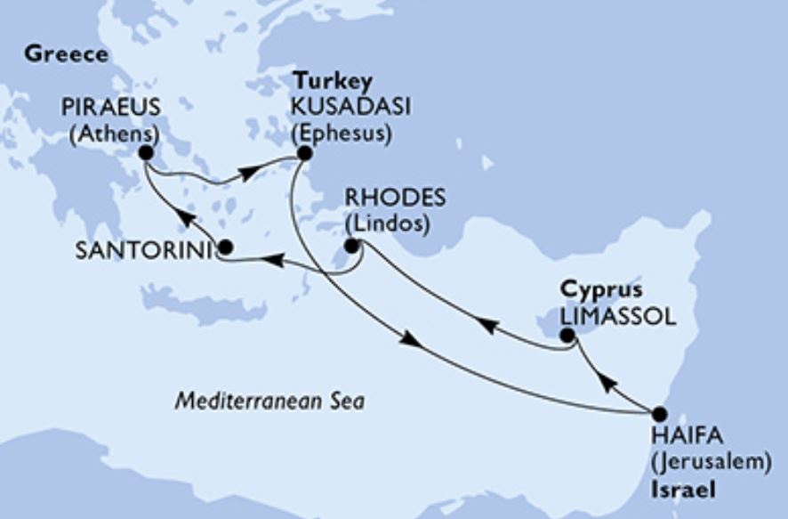 Mapa Itinerario Crucero MSC LIRICA Grecia Turquia Israel y Chipre Vacaciones Singles