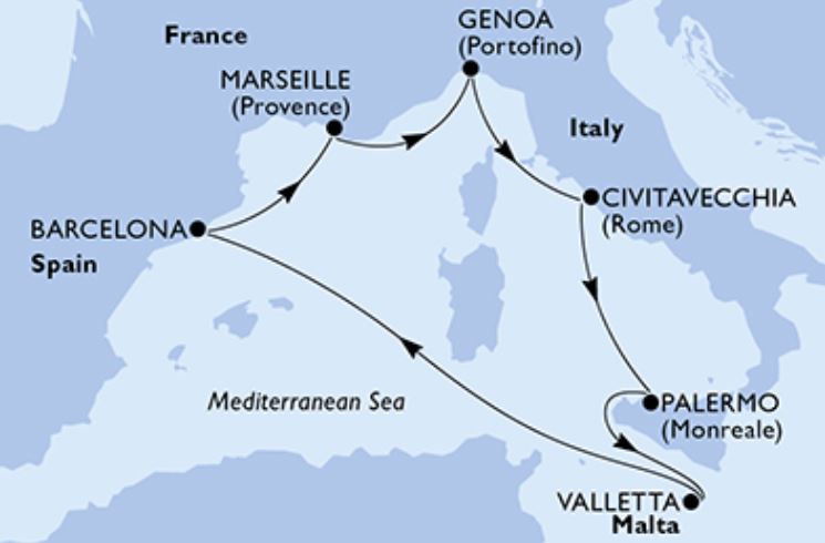 Mapa Itinerario Crucero Italia Francia Malta MSC Grandiosa 2022
