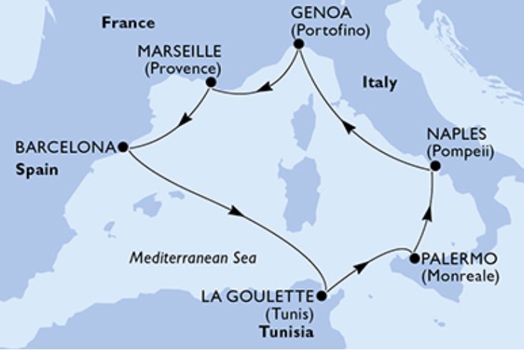 Mapa Itinerario Crucero Italia Tunez Francia MSC GRANDIOSA verano 2023