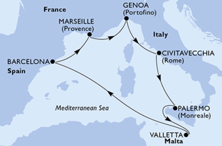  mapa_itinerario_crucero_mediterraneo_fin_de_ano_2023_msc_world_europa_29_dicimebre_2023