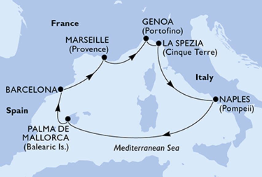 Mapa itinerario Crucero Mediterraneo MSC Bellisina 2022
