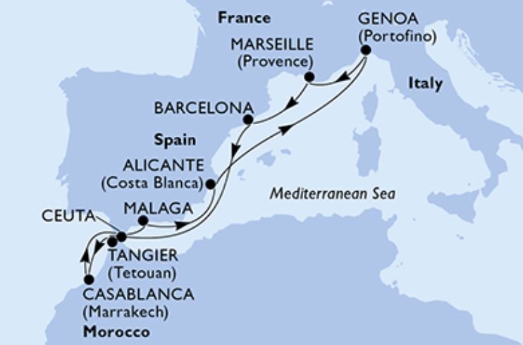 Mapa Itinerario crucero semana santa 2023 MSC LIRICA