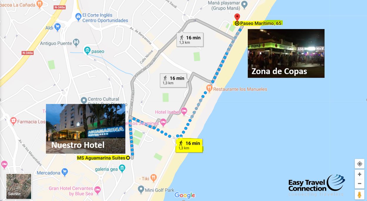 Mapa distancia Hotel Aguamarina Suite Zona de Copas Torremolinos Playa Vacaciones Singles