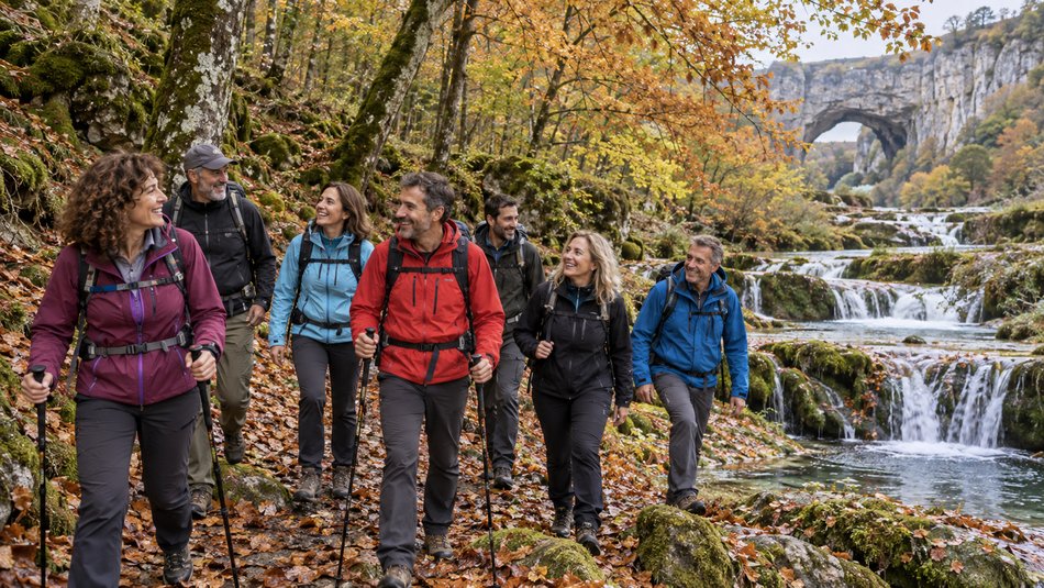 Grupo de senderismo en la Cascada de las Pisas y Puentedey