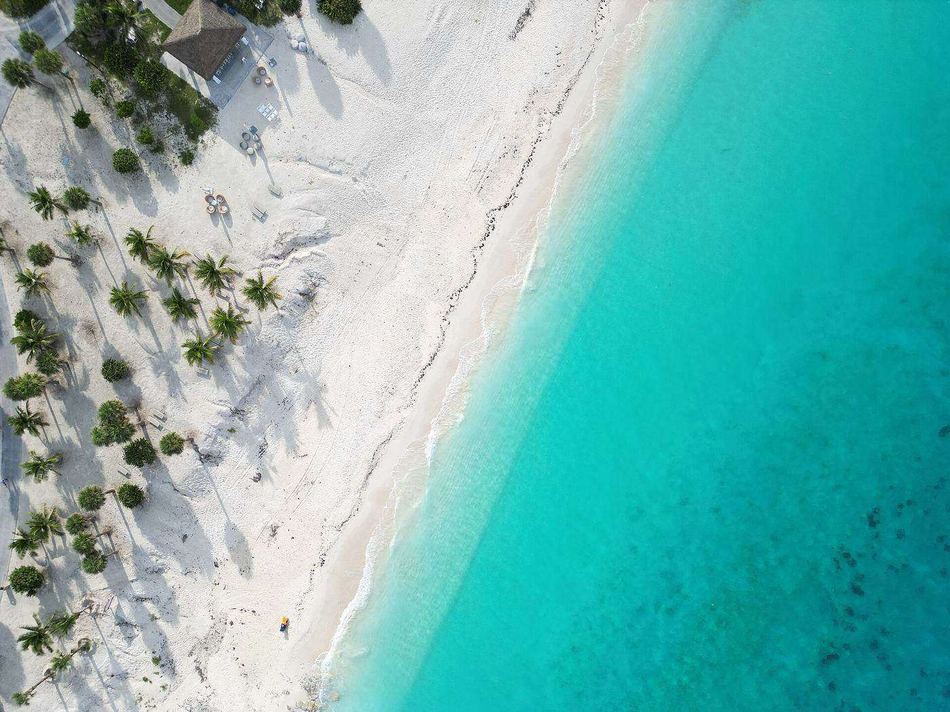 Aguas transparentes de Ocean Cay MSC Marine Reserve vistas desde el aire