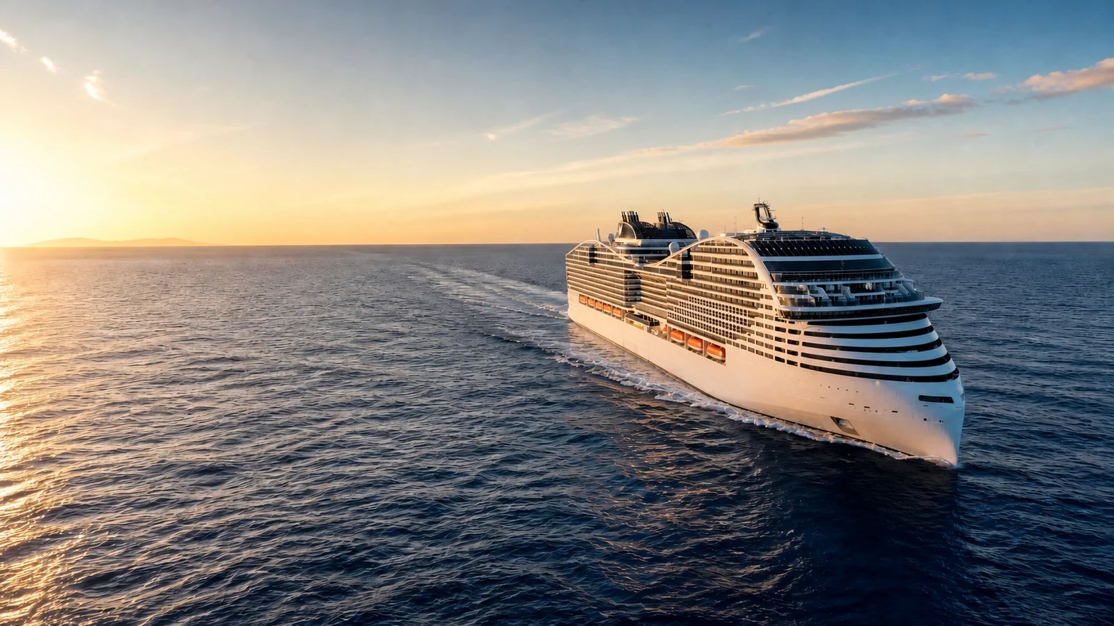 Gran crucero navegando al atardecer