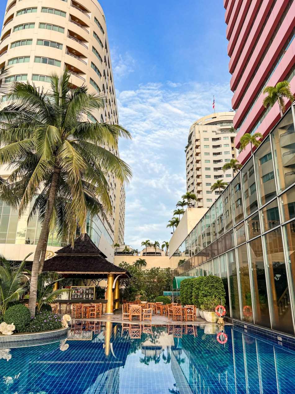Ambiente de piscina y bar del Prince Palace Hotel Bangkok