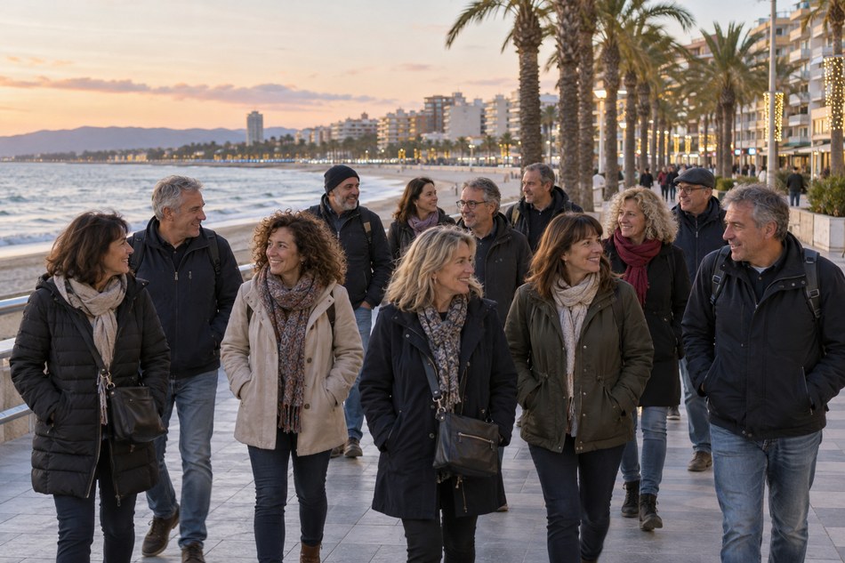 Grupo de amigos paseando junto al mar en Salou durante las fiestas navideñas