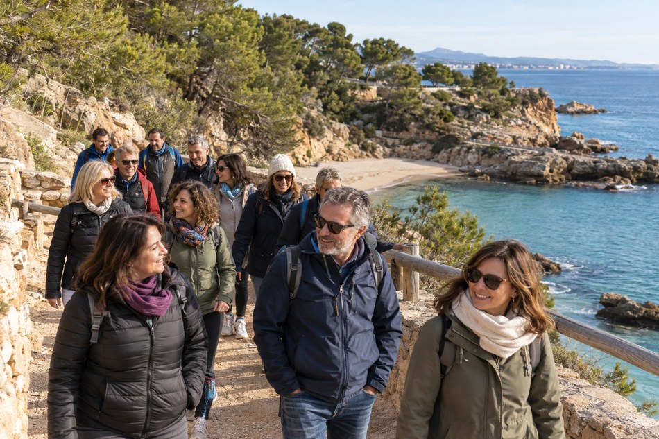 Viajeros caminando juntos por el Camino de Ronda de Salou junto a las calas