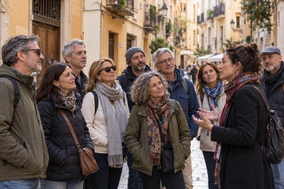 Grupo de viajeros en una visita guiada al casco histórico de Valencia