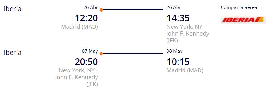 Vuelos Madrid Nueva YorK CON IBERIA Abril y Mayo 2023